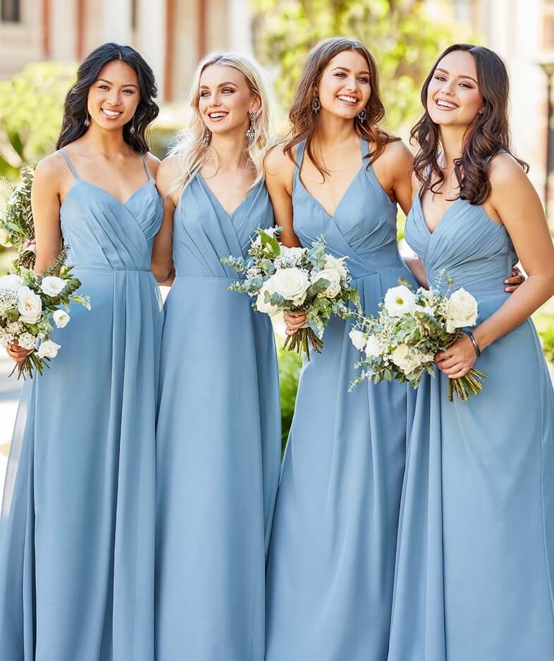 Models wearing light blue bridesmaids dresses